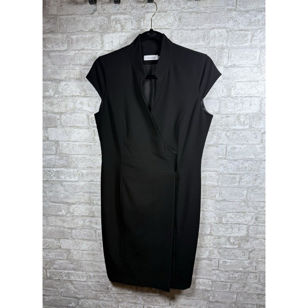 Calvin Klein Black Sheath Dress Sz 10 Sleeveless Mock Neck Faux Wrap Career Work - Picture 2 of 12